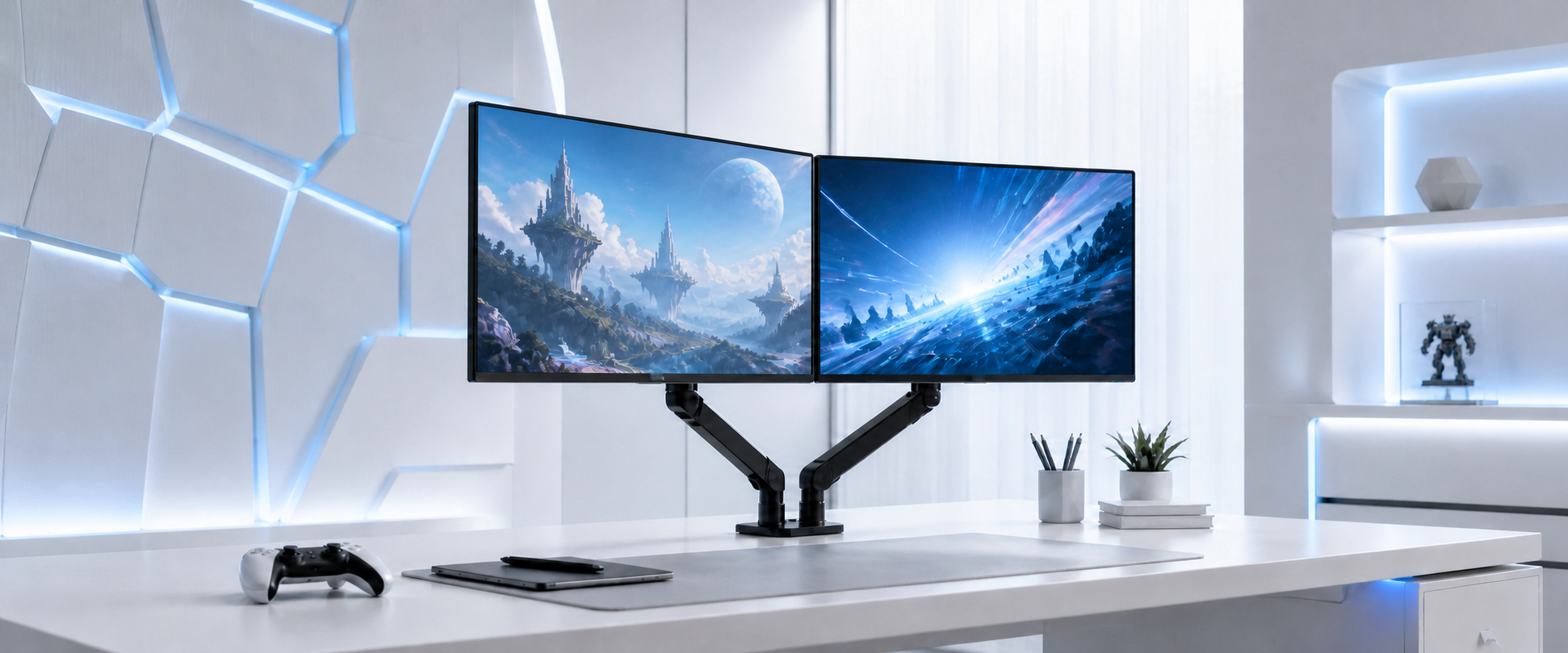 AOC workspace stories in a white and blue studio
