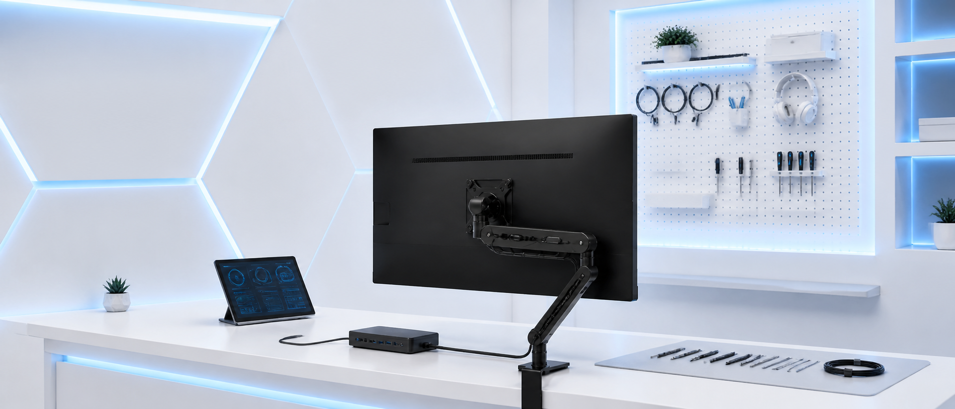 AOC support workspace in a white and blue studio