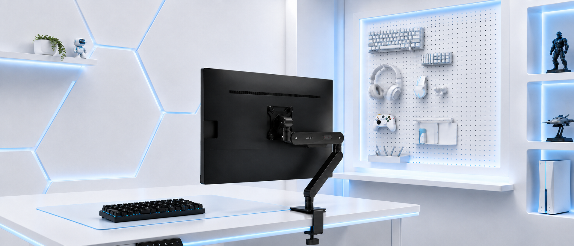AOC monitor arm in a bright gaming workspace