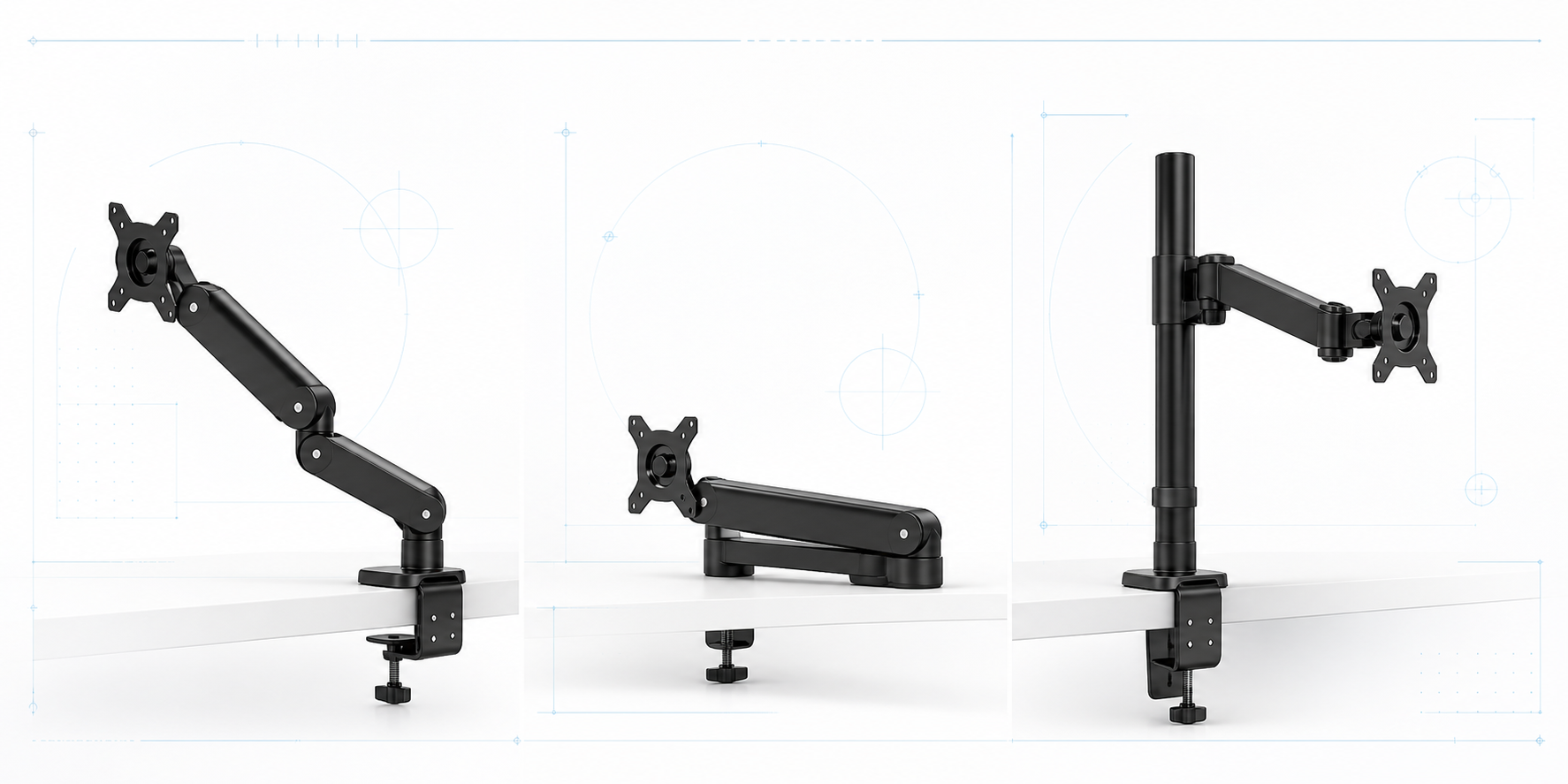 Three AOC monitor arm designs: classic standard, low-profile compact and vertical riser